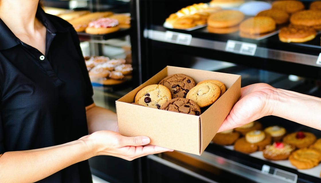 A Crumbl store owner handing a box of cookies to a